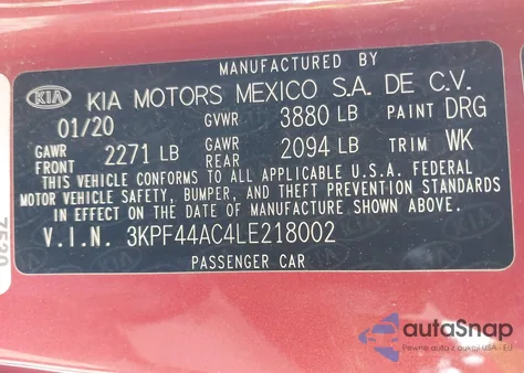 2020 Kia Forte Gt z USA, uszkodzony, nr VIN 3KPF44AC4LE218002